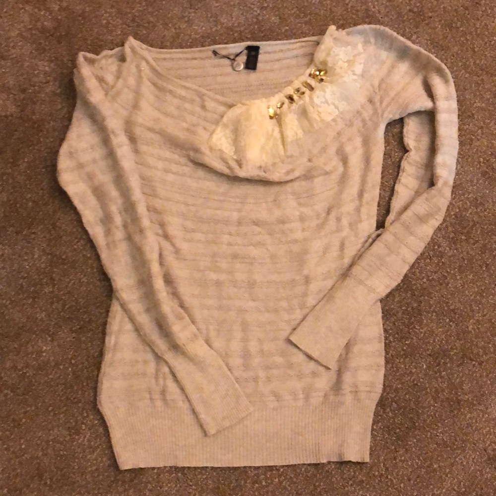 Sweater with lace and jewel accent